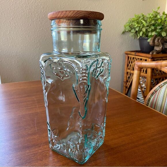 Vintage Made In Italy Turquoise Glass Canister Jar Food Storage With Wood Lid - Picture 1 of 11